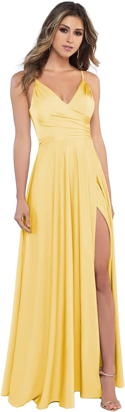 Damen-Brautjungfernkleider aus Satin mit V-Ausschnitt und Schlitz, Spaghettiträgern, formelle Ballkleider mit Taschen 