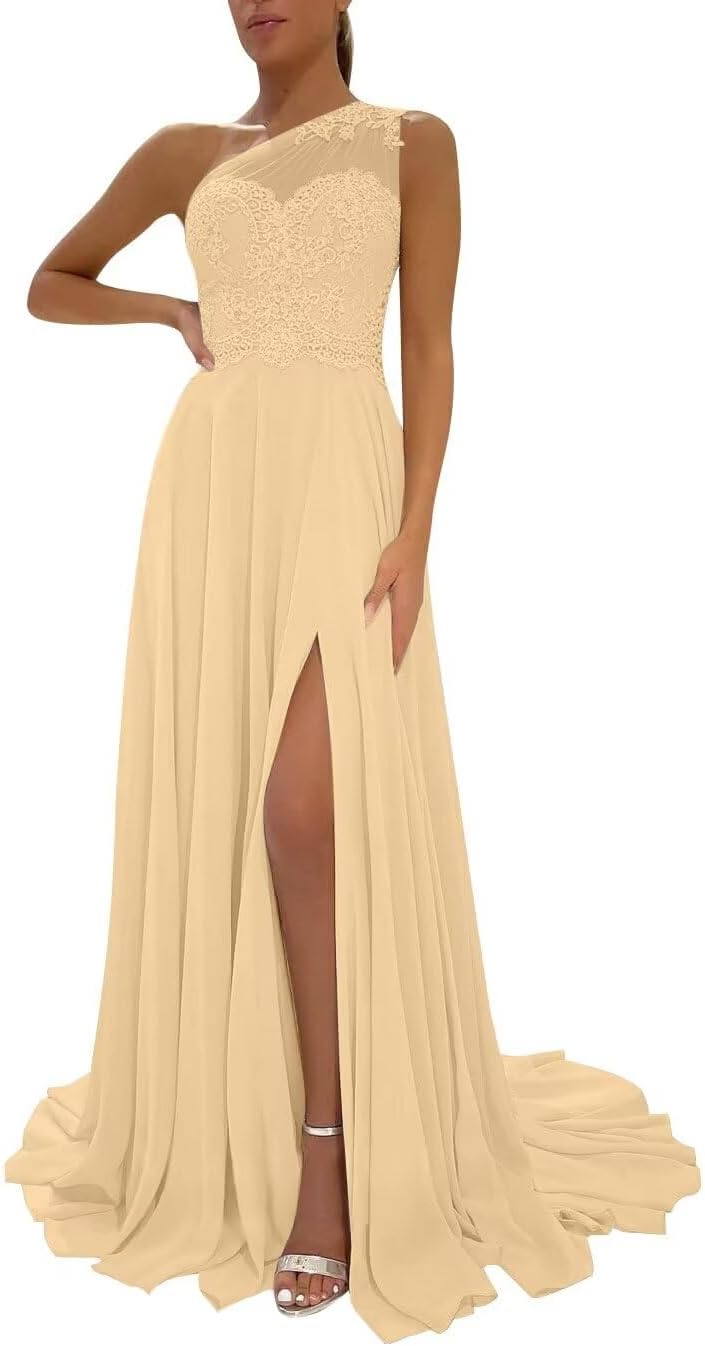 One Shoulder Chiffon Bridesmaid Dresses for Wedding 2026 Lace A-Line Slit Formal Evening Party Gown with Pockets