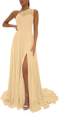 One Shoulder Chiffon Bridesmaid Dresses for Wedding 2026 Lace A-Line Slit Formal Evening Party Gown with Pockets