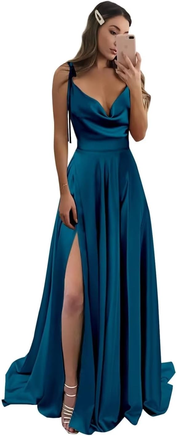Vestidos de fiesta largos de satén con abertura alta para mujer, 2024, tirantes finos ajustables, vestidos de fiesta formales con bolsillos 