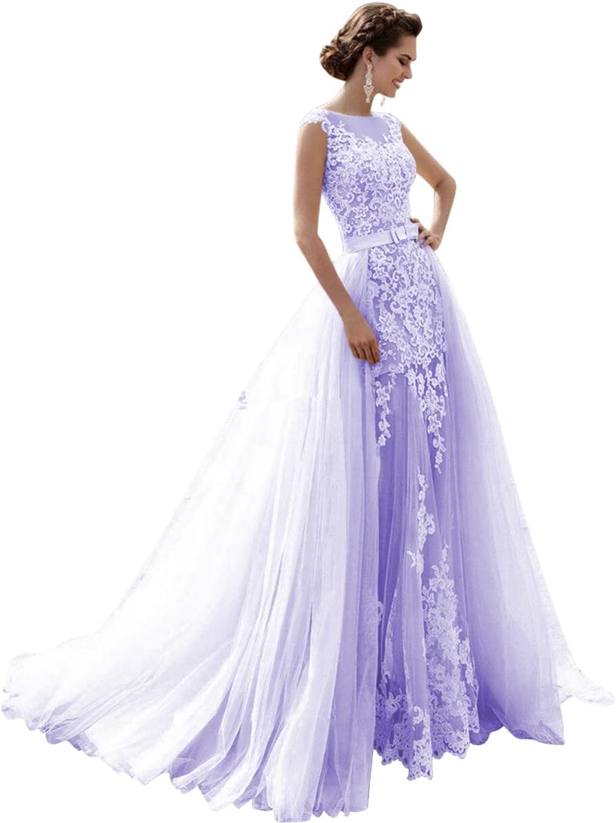 Mermaid Lace Cap Wedding Dress with Detachable Tulle Train for Bride Evening Prom Gown