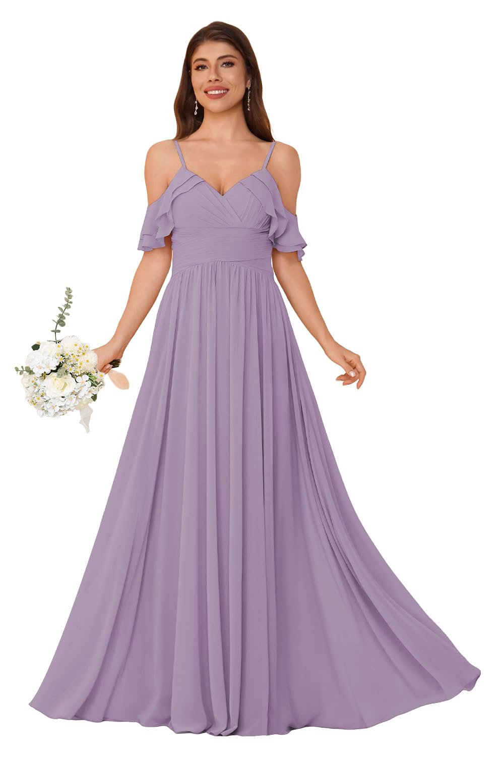 Women's Long Chiffon Bridesmaid Dresses Ruffle V Neck Formal Evening Prom Gown Spaghetti Strap Maxi Wedding Guest Dress