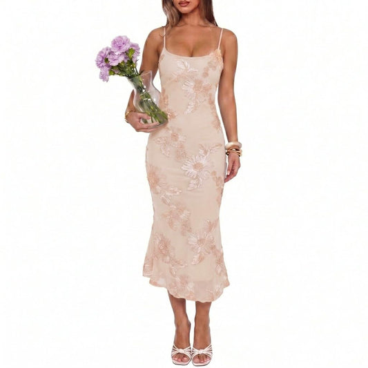 Women's 3D Floral Mesh Spaghetti Strap Bodycon Midi Dress Fashion Satin Floral Embroidery Wedding Guest Cocktail Party Midi Dresses