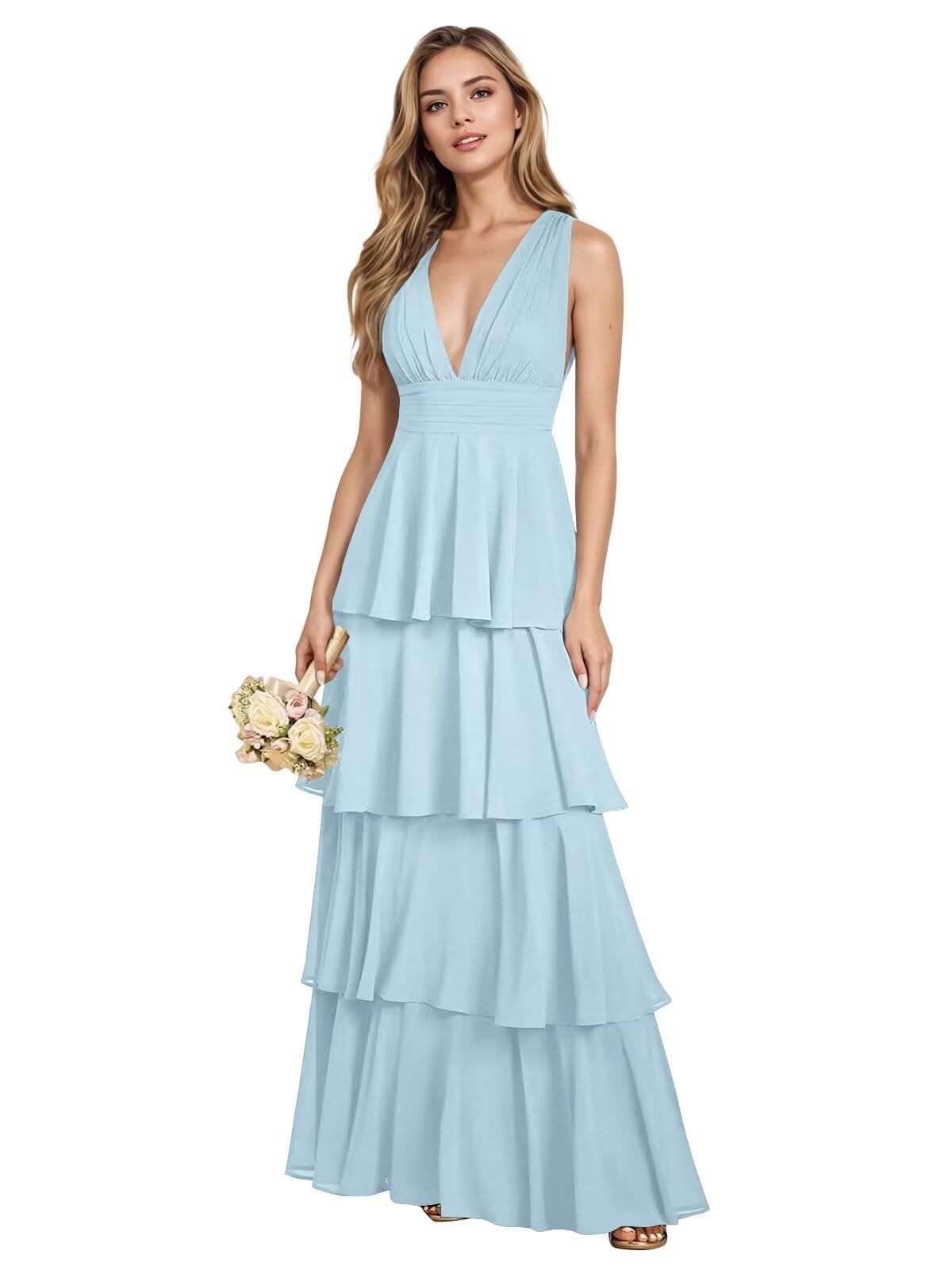 V Neck Chiffon Bridesmaid Dresses for Women 2027 Long Tiered A-Line Ruffles Formal Evening Party Dress