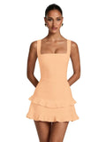 Spaghetti Straps Satin Homecoming Dresses for Teens 2026 Square Neck Tiered Ruffles Short Prom Dress