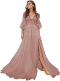Long Sleeve Tulle Prom Evening Dresses Long Lace Applique A Line Ball Gown 2027