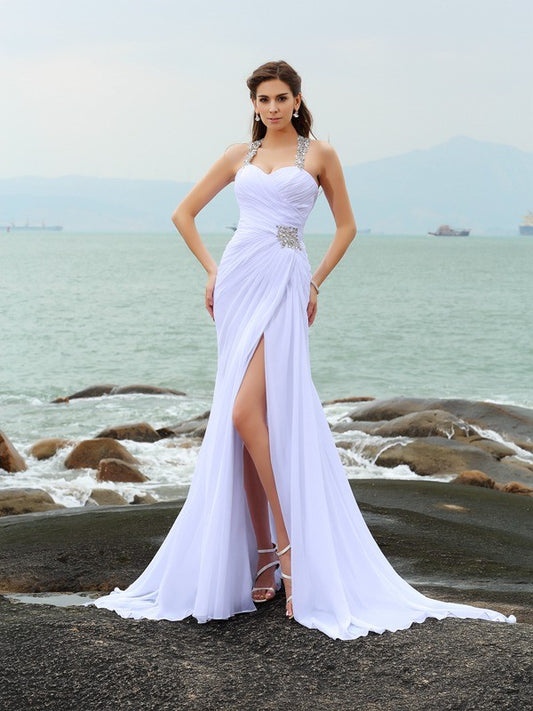 Sheath/Column Straps Beading Sleeveless Long Chiffon Beach Wedding Dresses Bridal Gowns
