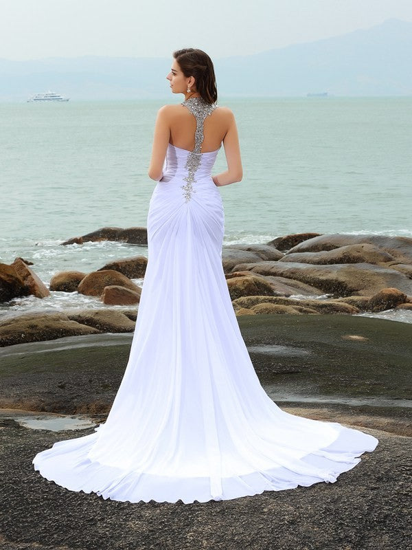 Sheath/Column Straps Beading Sleeveless Long Chiffon Beach Wedding Dresses Bridal Gowns