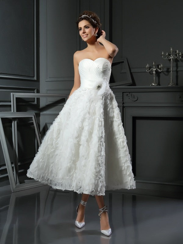A-Line/Princess Sweetheart Bowknot Sleeveless Short Lace Wedding Dresses Bridal Gowns
