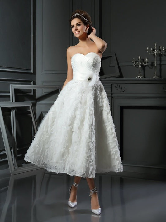 A-Line/Princess Sweetheart Bowknot Sleeveless Short Lace Wedding Dresses Bridal Gowns