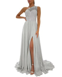 One Shoulder Chiffon Bridesmaid Dresses for Wedding 2026 Lace A-Line Slit Formal Evening Party Gown with Pockets