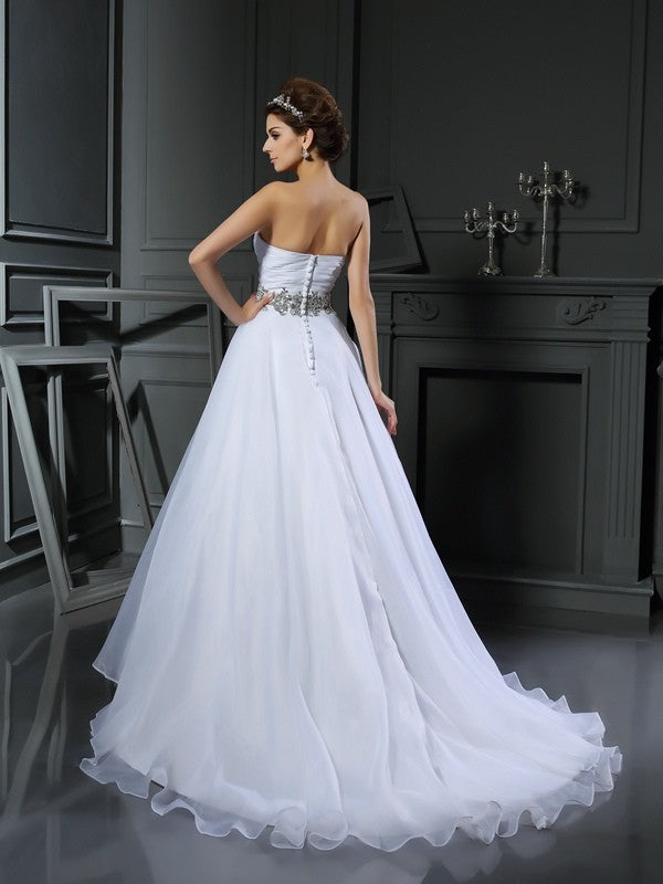Ballkleid Herzausschnitt Perlen Ärmellos Lange Satin Brautkleider Brautkleider