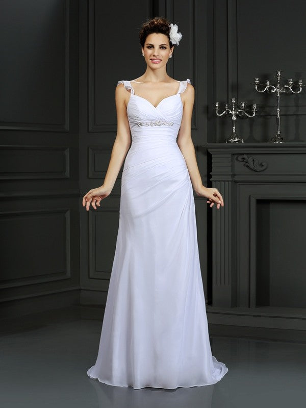 Trumpet/Mermaid Straps Beading Sleeveless Long Chiffon Wedding Dresses Bridal Gowns