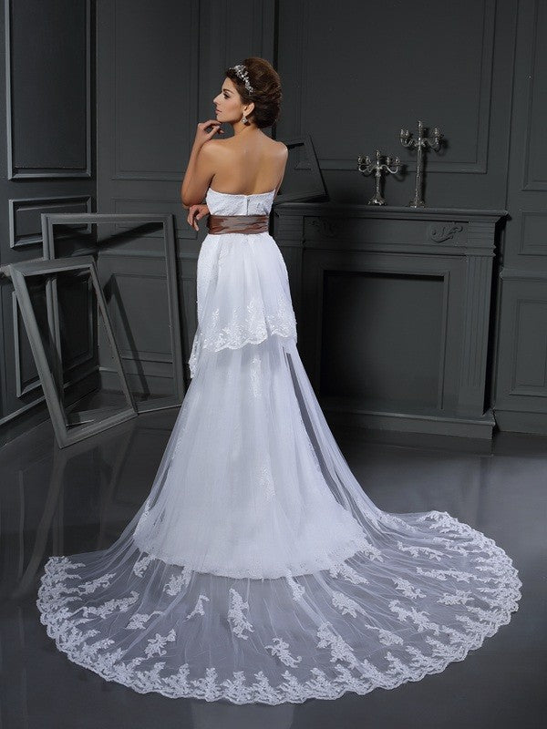 Sheath/Column Sweetheart Applique Sleeveless Long Net Wedding Dresses Bridal Gowns