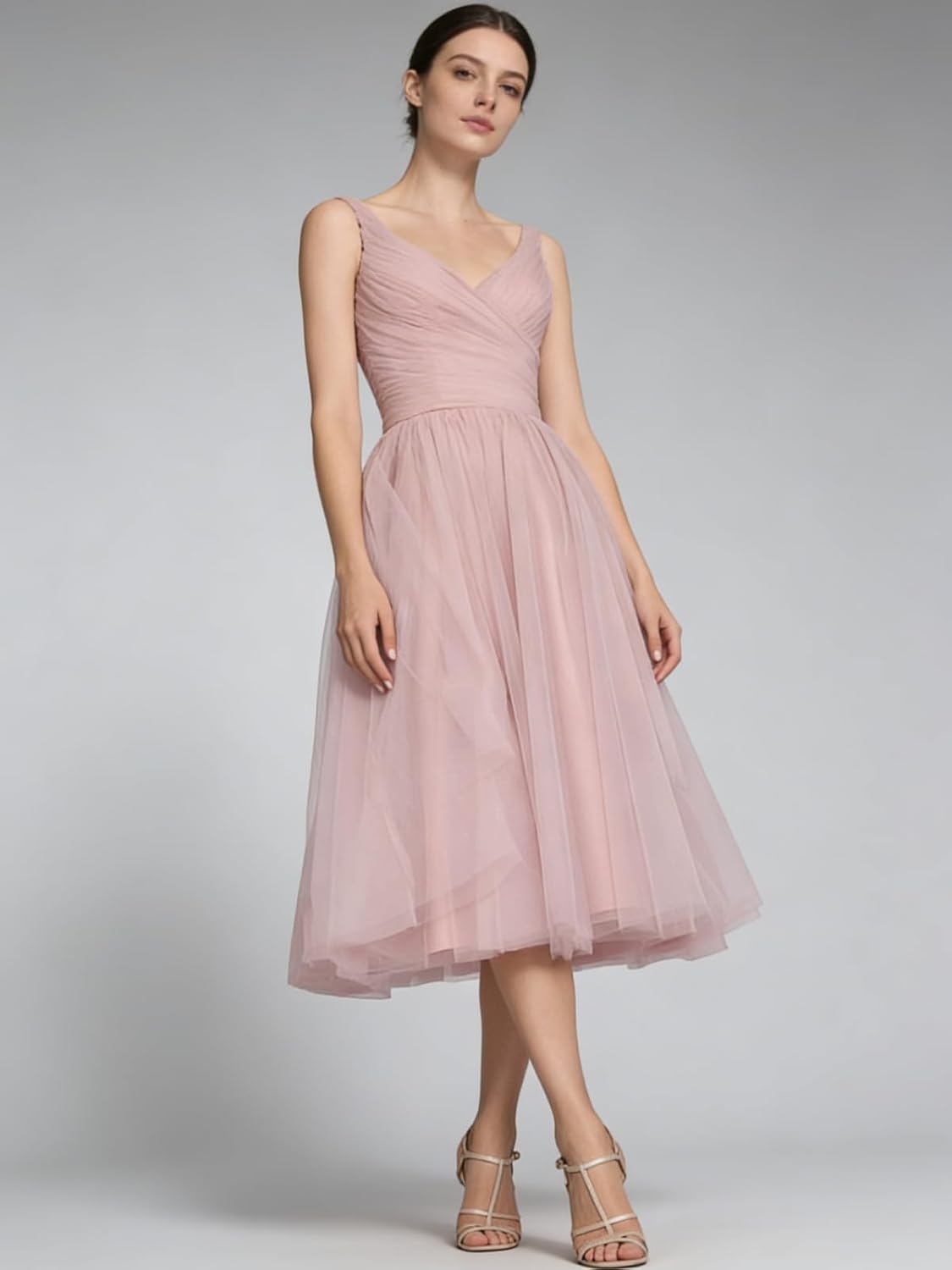 Tea Length A-Line V Neck Formal Evening Party Gowns for Women Sleeveless Puffy Midi Tulle Cocktail Prom Dress