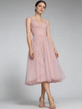 Tea Length A-Line V Neck Formal Evening Party Gowns for Women Sleeveless Puffy Midi Tulle Cocktail Prom Dress