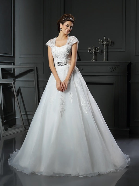 Ballkleid Quadrat Perlen Ärmellos Lange Organza Brautkleider Brautkleider