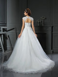 Ballkleid Quadrat Perlen Ärmellos Lange Organza Brautkleider Brautkleider