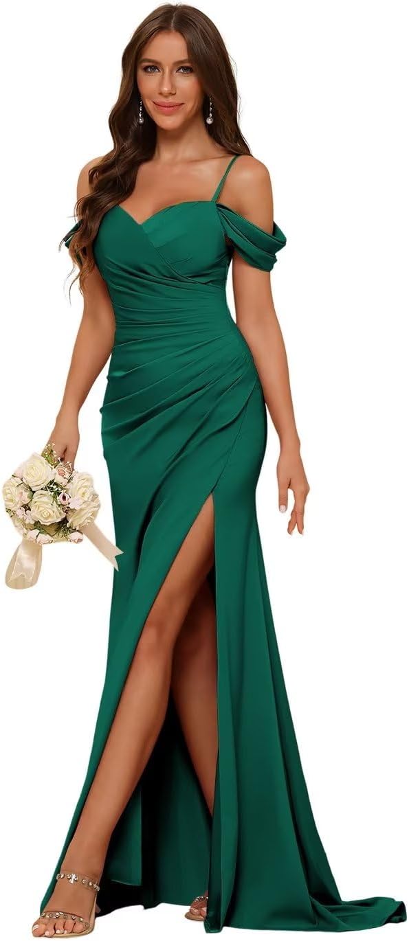 Vestidos de dama de honor de satén con hombros descubiertos para mujer, vestidos formales largos de sirena fruncidos con abertura 