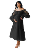Tulle Tea Length Maternity Dresses for Photo Shoot Long Sleeve Pregnancy Gown for Baby Shower