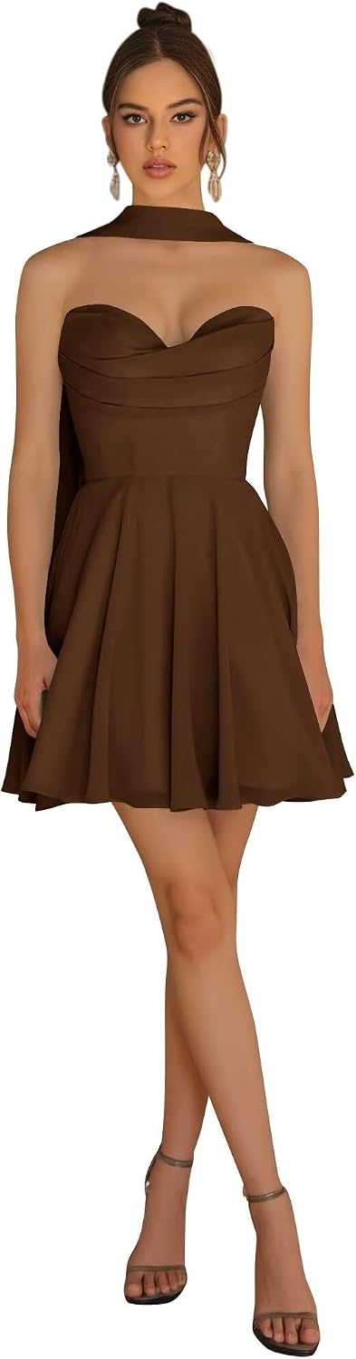 Strapless Homecoming Dresses for Teens 2026 Chiffon Short Prom Dress with Scarf A-line Pleated Cocktail Party Gown