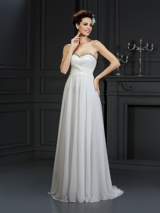 A-Line/Princess Sweetheart Ruffles Sleeveless Long Chiffon Wedding Dresses Bridal Gowns