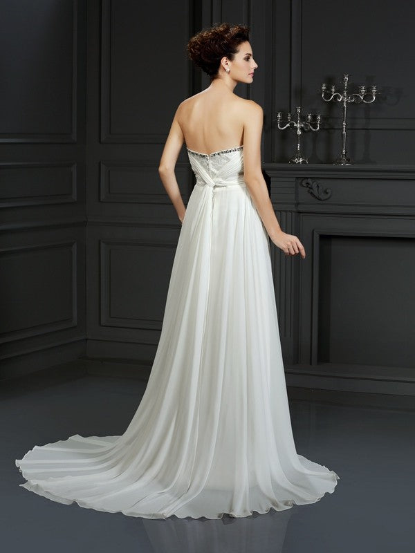 A-Line/Princess Sweetheart Ruffles Sleeveless Long Chiffon Wedding Dresses Bridal Gowns