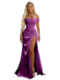 Off Shoulder Mermaid Prom Dresses with Slit 2027 Long Satin Pleated Formal Dress for Women Evening Party