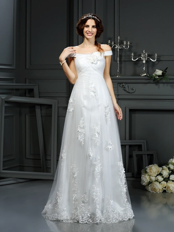 A-Line/Princess Off-the-Shoulder Applique Sleeveless Long Net Wedding Dresses Bridal Gowns