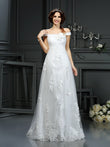 A-Line/Princess Off-the-Shoulder Applique Sleeveless Long Net Wedding Dresses Bridal Gowns
