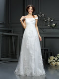 A-Line/Princess Off-the-Shoulder Applique Sleeveless Long Net Wedding Dresses Bridal Gowns