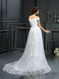 A-Line/Princess Off-the-Shoulder Applique Sleeveless Long Net Wedding Dresses Bridal Gowns