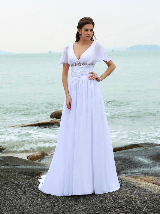 A-Linie/Princess-Linie V-Ausschnitt Rüschen Kurze Ärmel Lang Chiffon Strand Brautkleider Brautkleider