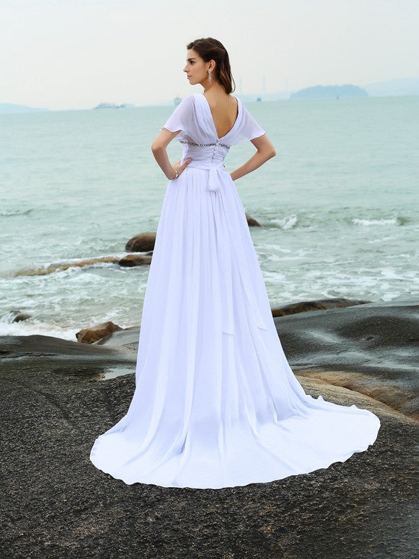 A-Linie/Princess-Linie V-Ausschnitt Rüschen Kurze Ärmel Lang Chiffon Strand Brautkleider Brautkleider
