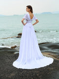 A-Linie/Princess-Linie V-Ausschnitt Rüschen Kurze Ärmel Lang Chiffon Strand Brautkleider Brautkleider
