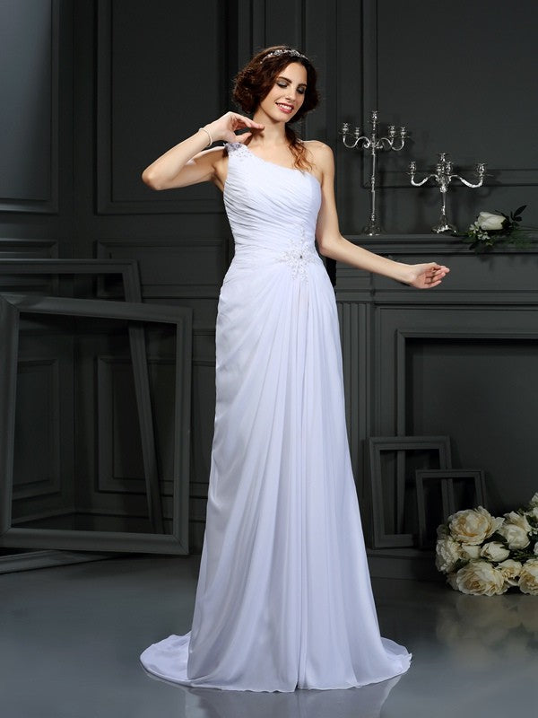 A-Line/Princess One-Shoulder Pleats Sleeveless Long Chiffon Wedding Dresses Bridal Gowns