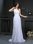 A-Line/Princess One-Shoulder Pleats Sleeveless Long Chiffon Wedding Dresses Bridal Gowns