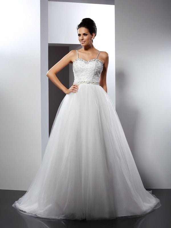 A-Line/Princess Spaghetti Straps Beading Sleeveless Long Tulle Wedding Dresses Bridal Gowns