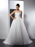 A-Line/Princess Spaghetti Straps Beading Sleeveless Long Tulle Wedding Dresses Bridal Gowns