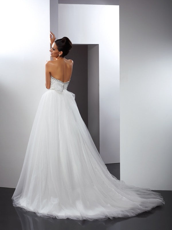 A-Line/Princess Spaghetti Straps Beading Sleeveless Long Tulle Wedding Dresses Bridal Gowns