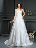 A-Line/Princess Strapless Beading Sleeveless Long Satin Wedding Dresses Bridal Gowns