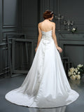 A-Line/Princess Strapless Beading Sleeveless Long Satin Wedding Dresses Bridal Gowns