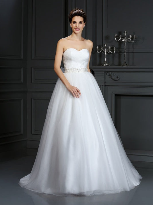 Ball Gown Sweetheart Beading Sleeveless Long Net Wedding Dresses Bridal Gowns