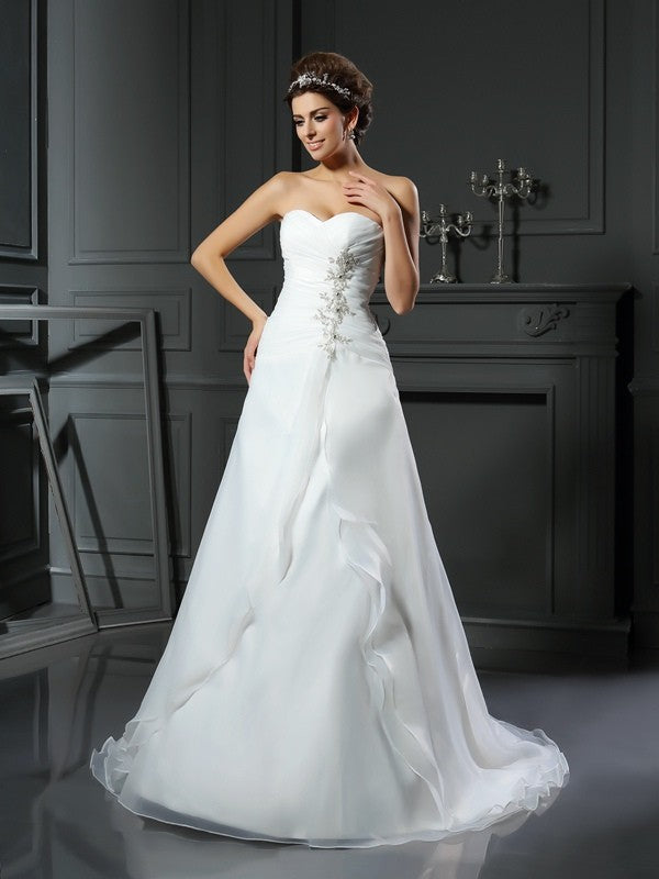 A-Line/Princess Sweetheart Ruched Sleeveless Long Satin Wedding Dresses Bridal Gowns