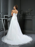 A-Line/Princess Sweetheart Ruched Sleeveless Long Satin Wedding Dresses Bridal Gowns