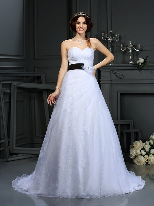 A-Line/Princess Sweetheart Sash/Ribbon/Belt Sleeveless Long Satin Wedding Dresses Bridal Gowns