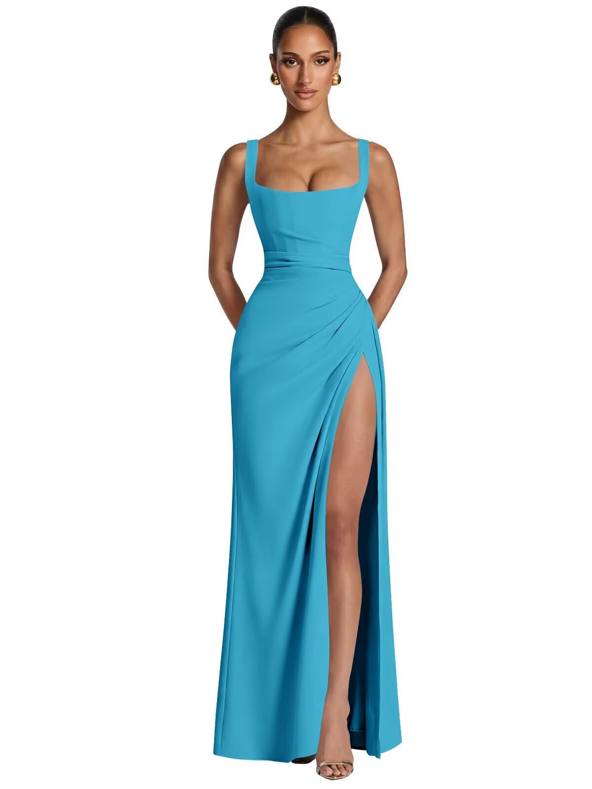 Kingbridal Mermaid Bridesmaid Dresses for Women Square Neck Formal Dress with Slit