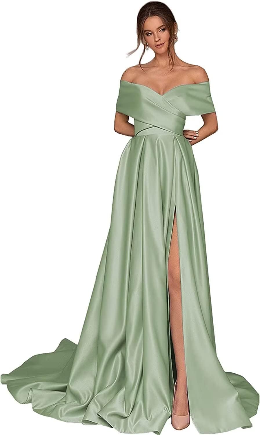 Women's Off Shoulder Long Prom Dresses with Slit 2025 Satin A-Line Sweetheart Corset Formal Evening Dresses with Pockets