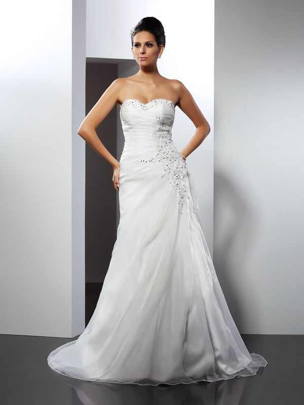 A-Linie/Princess-Linie Herzausschnitt Applikationen Ärmellos Lange Organza Brautkleider