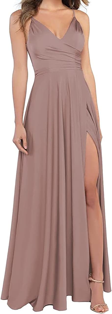 Lange Brautjungfernkleider für Frauen, formelle Satin-Spaghettiträger, Abschlussball- und Abendkleider 